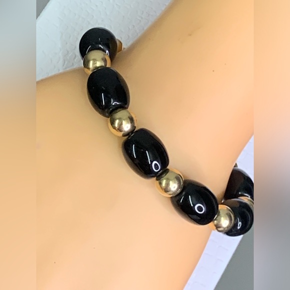 VINTAGE BLACK ONYX" 14K GOLD FILLED BALL BEADED BRACELET sz 7. 3/4” - Picture 6 of 10